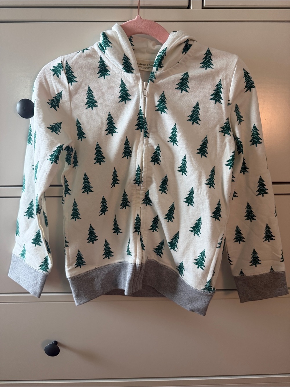 Kids White Zip Hoodie with Green Fir Tree Print and Grey Bottom